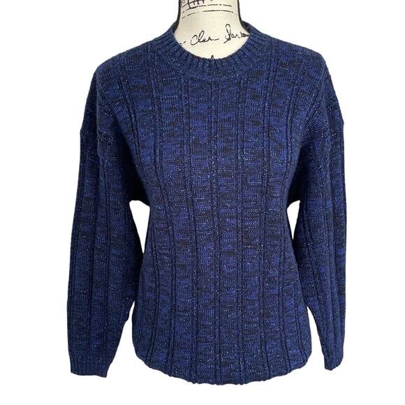Vintage 1980s Crewneck Sweater Blue Metallic Wool Blend Pullover Oversized - Picture 1 of 9